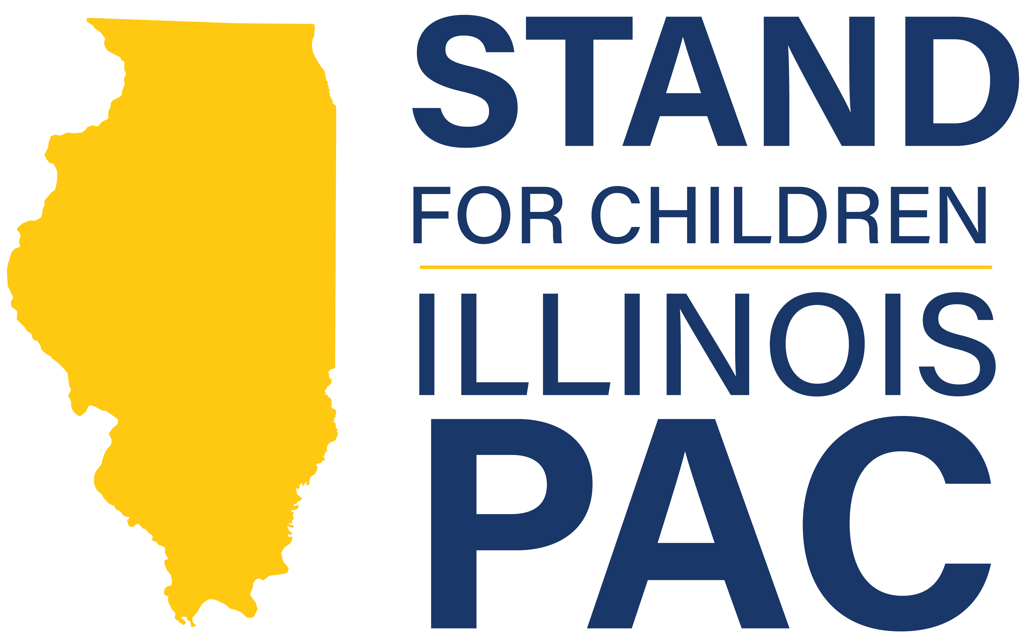Stand for Children Illinois PAC logo in navy blue text with with a yellow image of the state of Illinois