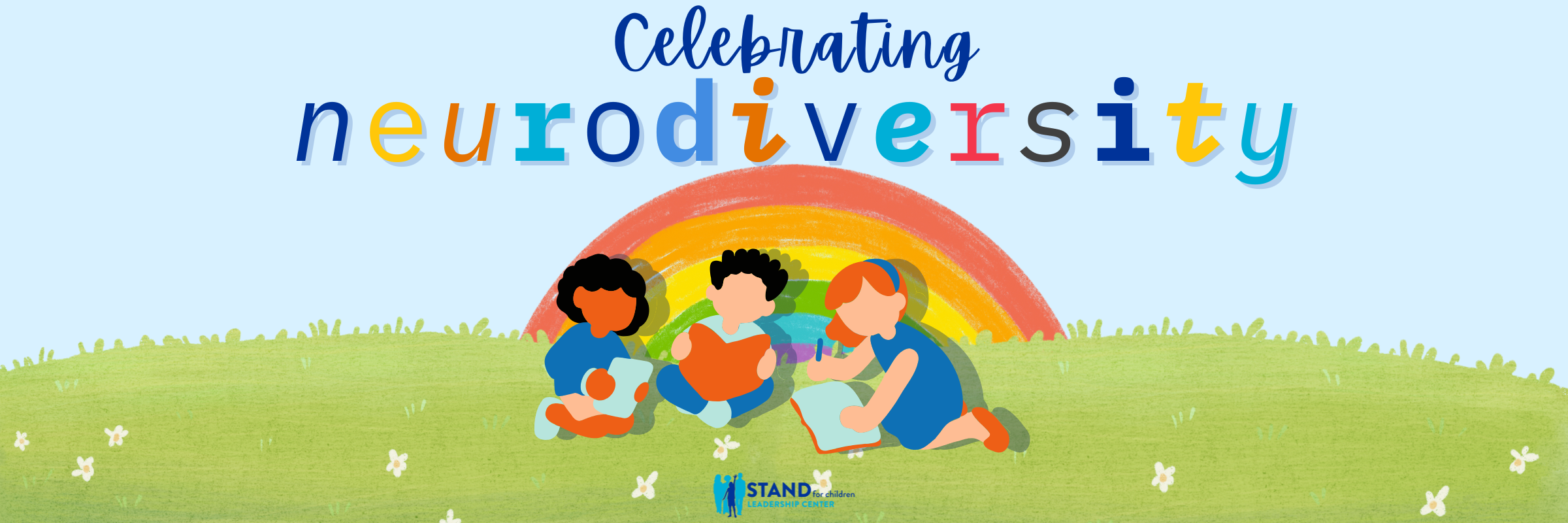 banner reads celebrating neurodiversity with a drawing of children sitting on grassy hill in front of a rainbow