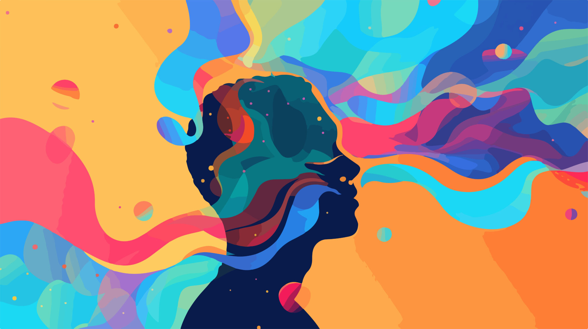 graphic art of a person's head with colorful shapes coming out of it